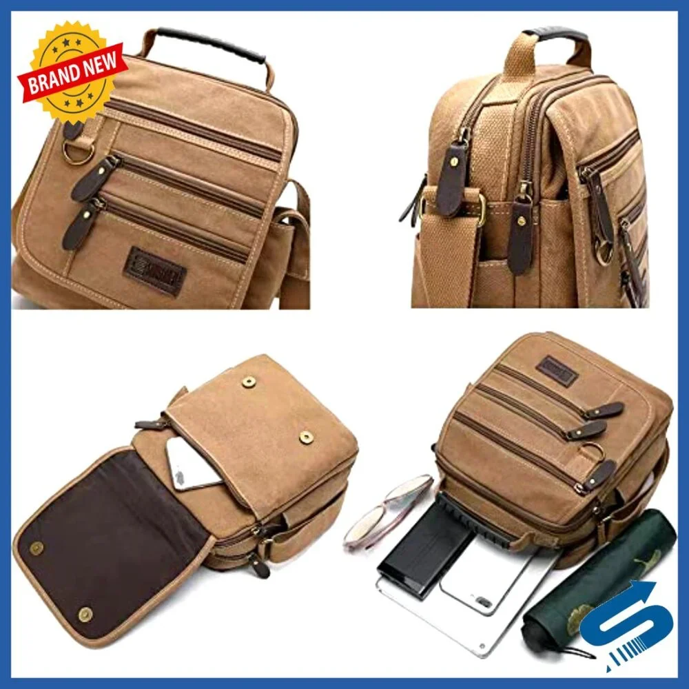Canvas Messenger Bag Vintage Multi-Function Crossbody Work Bag Adjustable Strap